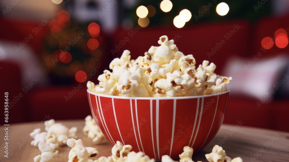 Close Up of Festive Christmas Popcorn in Red Bowl on Home Cinema Table with TV Close Up of Festive Christmas Popcorn in Red Bowl on Home Cinema Table with TV