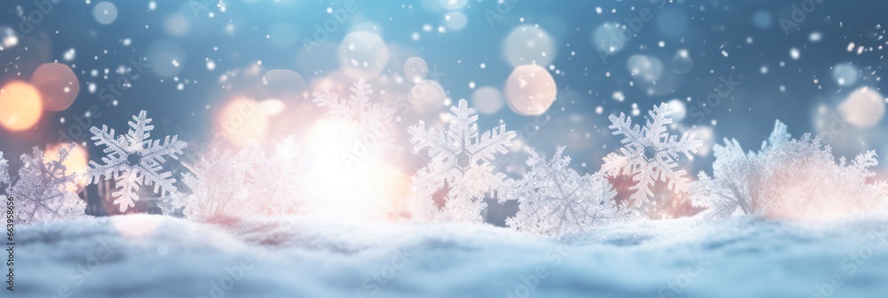 Fototapeta premium Close Up of Christmas Lights and Snowflakes on Natural Snowdrift - Winter and Holiday Background Featuring Blue Crystals and GlacÃ© Snowflakes.