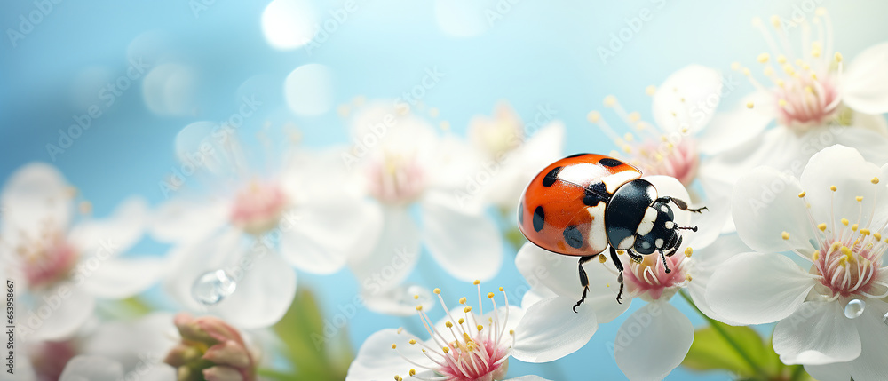 Ladybug close-up on a fluffy flower spring or summer outdoors macro soft focus. Light blue blurred background. Floral background desktop wallpaper a postcard. Romantic soft gentle artistic image. Ladybug close-up on a fluffy flower spring or summer outdoors macro soft focus. Light blue blurred background. Floral background desktop wallpaper a postcard. Romantic soft gentle artistic image.