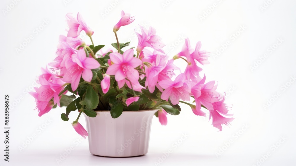 Close up of Pink Schlumbergera Christmas Cactus in Potted Form on White Background with Copy Space.