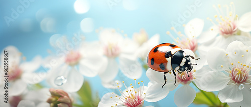 Ladybug close-up on a fluffy flower spring or summer outdoors macro soft focus. Light blue blurred background. Floral background desktop wallpaper a postcard. Romantic soft gentle artistic image.