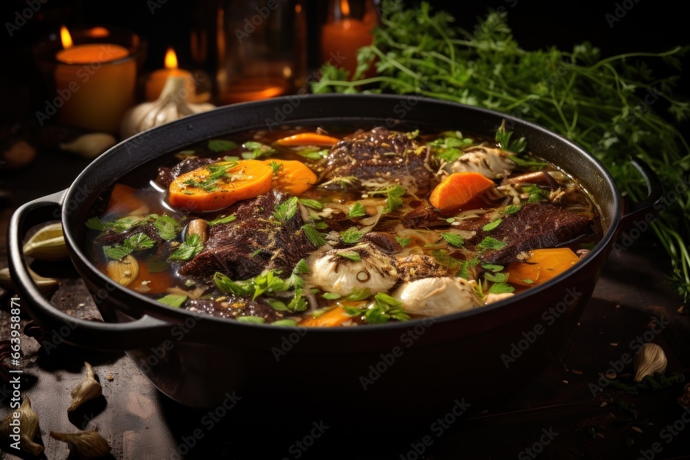 A Delicious Beef Broth with Bone-in Beef, Charred Vegetables, Garlic, and Spices A Delicious Beef Broth with Bone-in Beef, Charred Vegetables, Garlic, and Spices