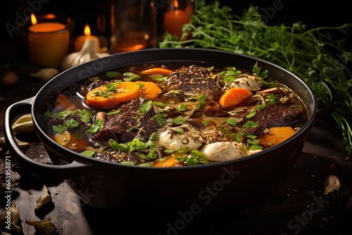 A Delicious Beef Broth with Bone-in Beef, Charred Vegetables, Garlic, and Spices