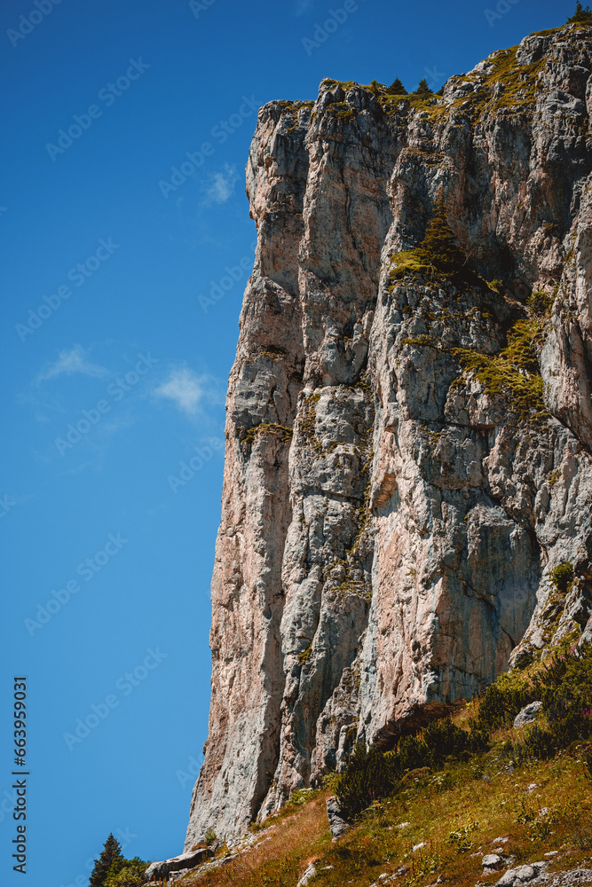 Steep rocky cliffs of Tour d'Ai in Vaud Alps on bright summer day. Leysin, Switzerland