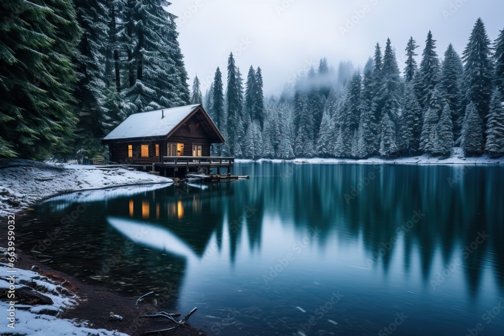 Fototapeta premium Amazing Wooden House near the Lake during Winter Season. Lot of Snow an Snowy Weather.