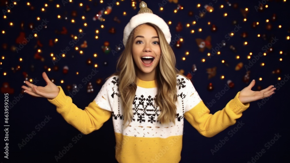 Cheerful Christmas Oops: Smiling Girl in Festive Sweater and Santa Hat Spreading Arms in Joyful Surprise on Vibrant Yellow Background