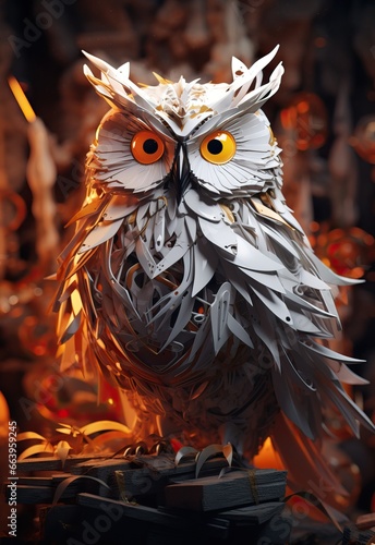 Artistic Illustration of an Owl over a Simple Background. Feather made with Geometrical Shapes color White and Orange.