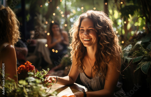 A young woman radiates joy in a garden cafe, surrounded by warm lights, lush greenery, and blooming flowers.