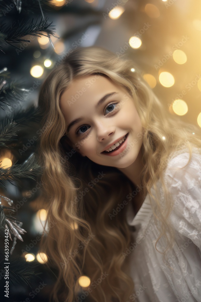 Cheerful Young Lady with a Beautifully Decorated Christmas Tree Spreading Joy and Festivity in the Holiday Season Cheerful Young Lady with a Beautifully Decorated Christmas Tree Spreading Joy and Festivity in the Holiday Season