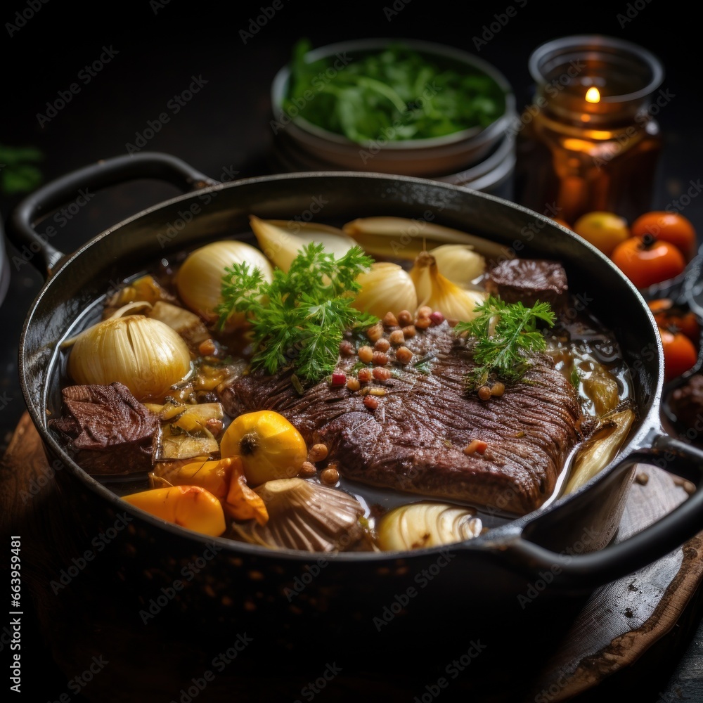 A Delicious Beef Broth with Bone-in Beef, Charred Vegetables, Garlic, and Spices A Delicious Beef Broth with Bone-in Beef, Charred Vegetables, Garlic, and Spices