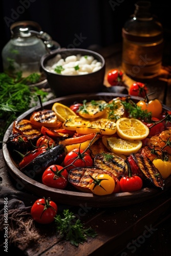 Delicious Roasted Fruits and Vegetables on a Rustic Wood