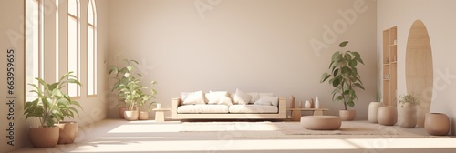 Amazing Interior Design of a Sofa with White Pillows. Natural Light coming from the Window. Golden Hour.