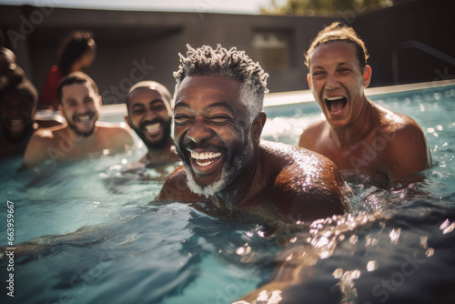 A group of men enjoying the pool together #663959667
