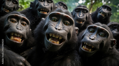 Group of Celebes crested macaques close-up