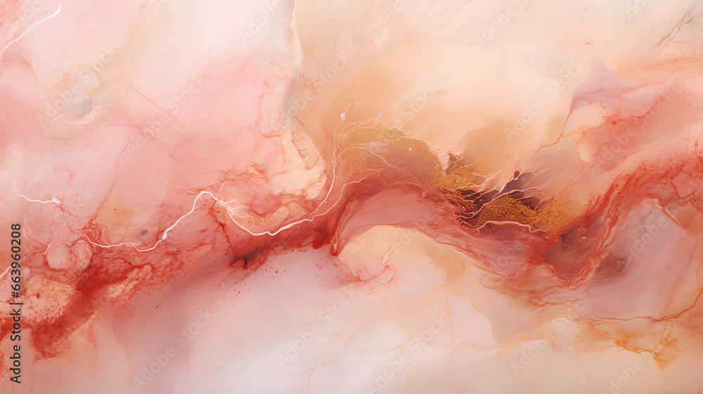 Abstract fractal marble pattern, in the style of pale red and gold, marbleized, expressionistic madness, iridescence / opalescence, mixed media printing.