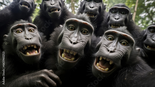 Group of Celebes crested macaques close-up