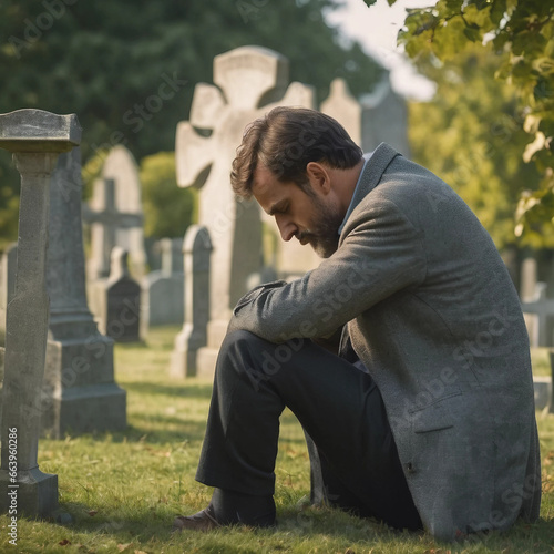 man sat in front of grave grieving 
