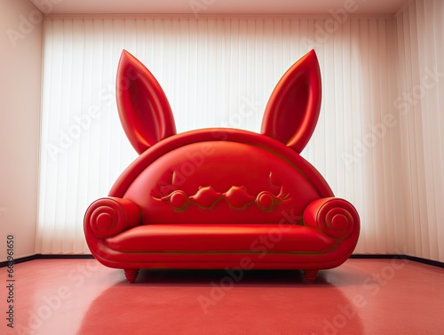 Red Sofa with the form of a Strange Monster's Face. Big Ears.
