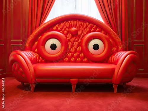 Red Sofa with the form of a Strange Monster's Face. Big Eyes and Ears.