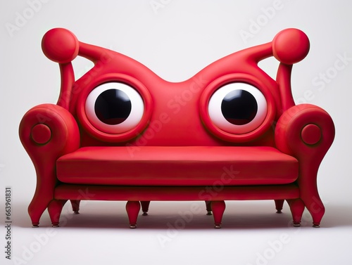 Red Sofa with the form of a Strange Monster's Face. Big Eyes and Ears.