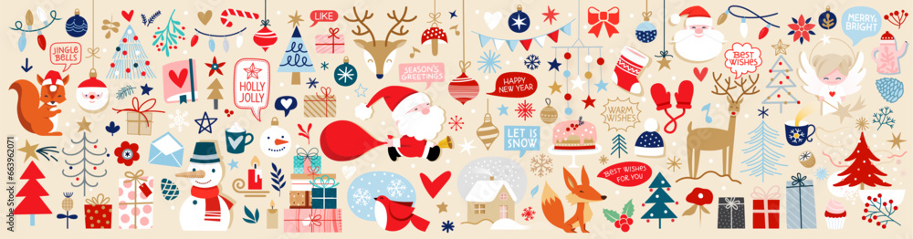 Christmas decorative banner with funny Santa Claus, Reindeer, Snowmans and gift boxes and many others