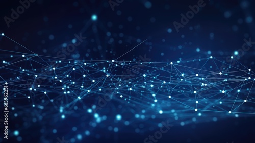 Blue abstract background with a cyber network grid and connected particles.