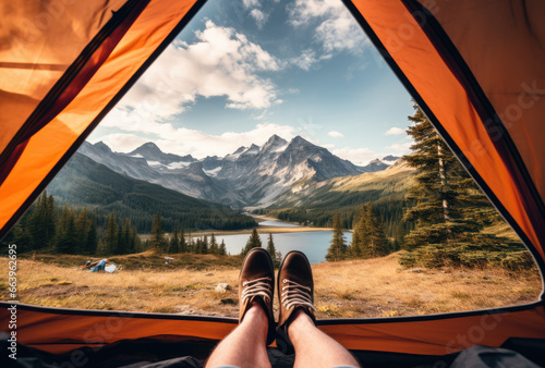 Kamping on the mountain under a tent photo