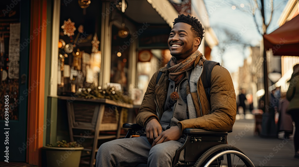 Happy black disabled man smiling while sitting in a wheelchair. Disabled people concept.
