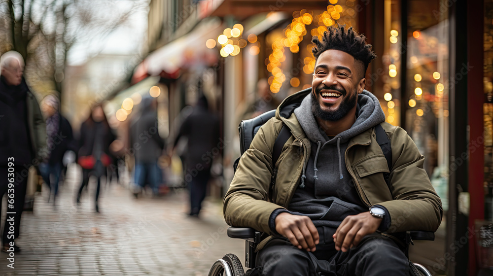 Happy black disabled man smiling while sitting in a wheelchair. Disabled people concept. - obrazy, fototapety, plakaty 