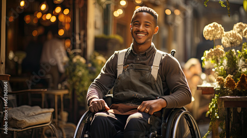 Happy black disabled man smiling while sitting in a wheelchair. Disabled people concept.