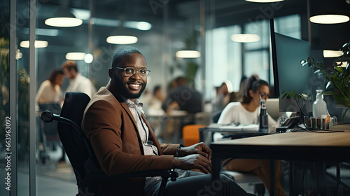 Happy disabled black man smiling while sitting in a wheelchair at an office desk at work. Disabled people concept.