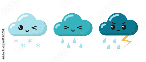 Flat vector weather icons. Cute clouds with kawaii eyes isolated on white background.