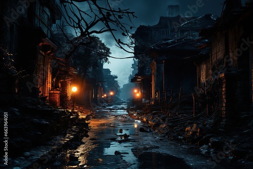 Old street at night with ruins of houses
