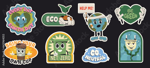 Flat set stickers of save the planet in trendy groovy style. Funny vector characters with cute faces. Eco friendly badges or labels on black background. World environment, net zero emission concept.