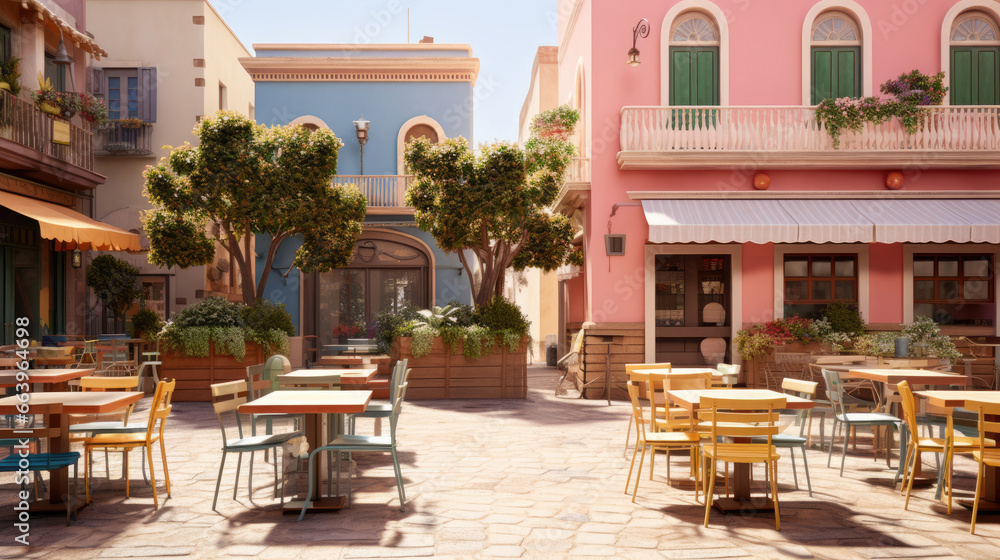Obraz premium Lively Cafe in Mediterranean-Style Square: Colorful Salads