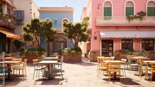 Lively Cafe in Mediterranean-Style Square  Colorful Salads