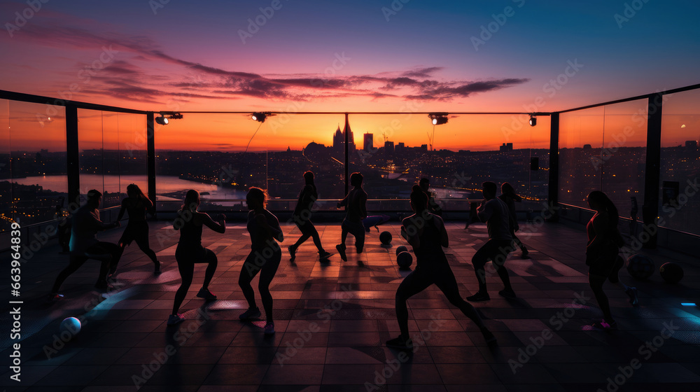 High-Intensity Interval Training at Sunset: Urban Rooftop Colorful City Lights