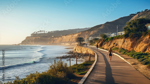 Early Morning Coastal Boardwalk: Vibrant Path Azure Waves Tousled Hair