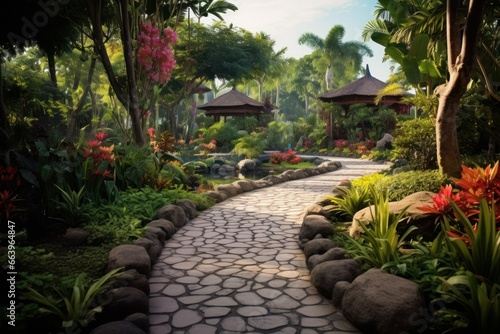 Botanical garden filled with exotic plants, flowers, and pathways.