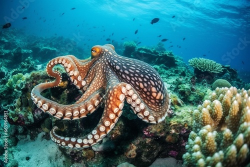Marine life with octopus and vibrant coral reef in the ocean. Generative AI