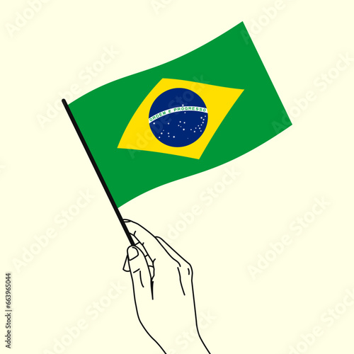 Hand holding Brazil flag with line art style. Brazil Flag. Vector illustration