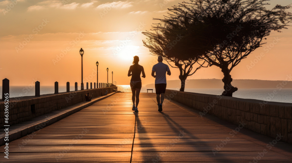 Morning Rush on Coastal Promenade at Sunrise Morning Rush on Coastal Promenade at Sunrise