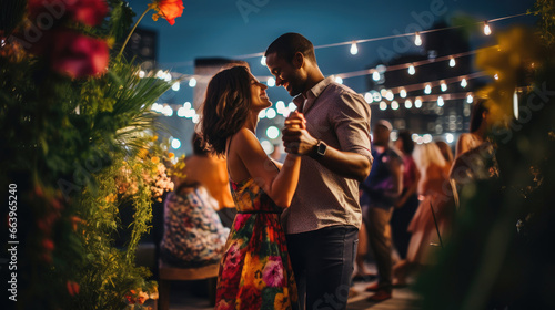Salsa Dance on Rooftop  Couples Flowers and Fairy Lights