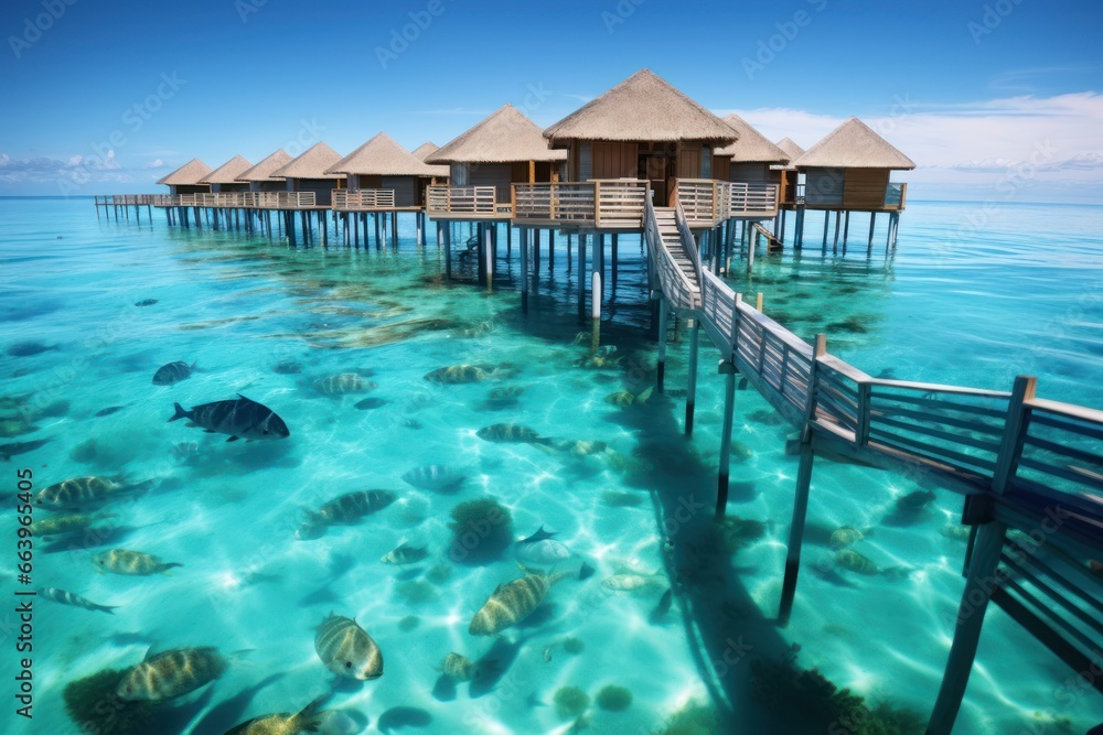 Crystal clear lagoon with overwater bungalows and tropical fish.