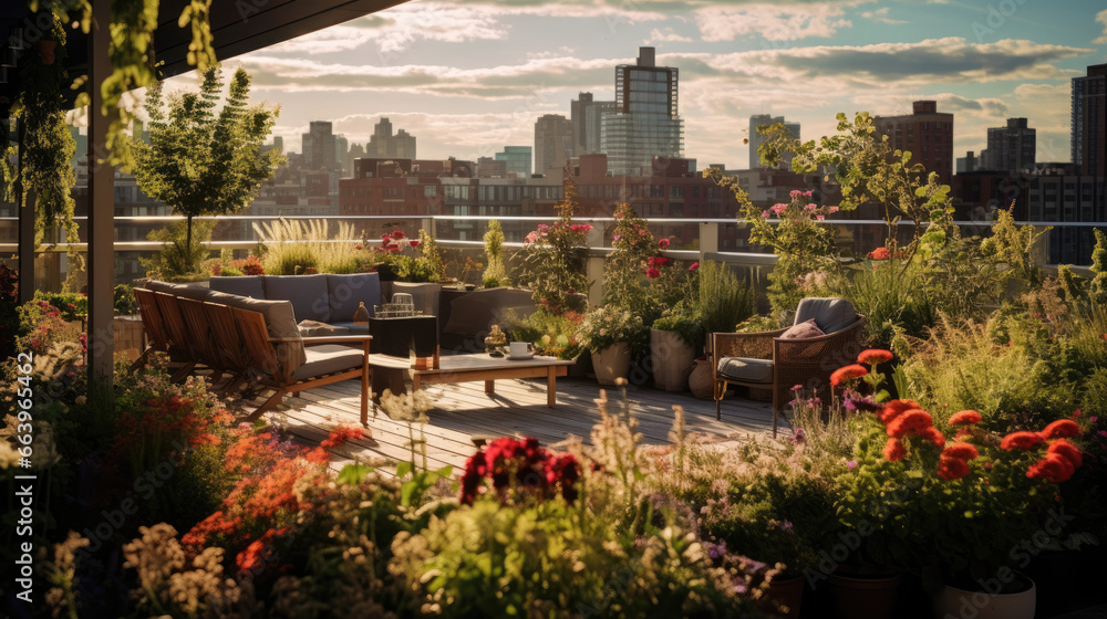 Obraz premium Colorful Rooftop Garden with Self-Watering Planters