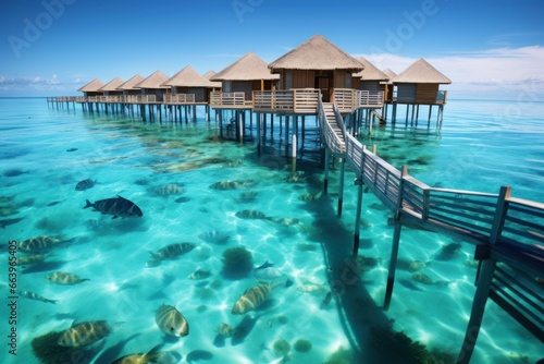 Crystal clear lagoon with overwater bungalows and tropical fish.