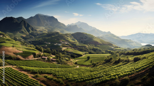 Terraced Vineyard Amidst Majestic Peaks