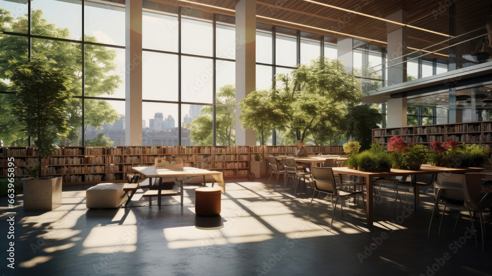 Library with eco-friendly design: abundant natural light rooftop green space and solar panels for sustainable education