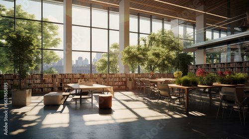 Library with eco-friendly design: abundant natural light rooftop green space and solar panels for sustainable education