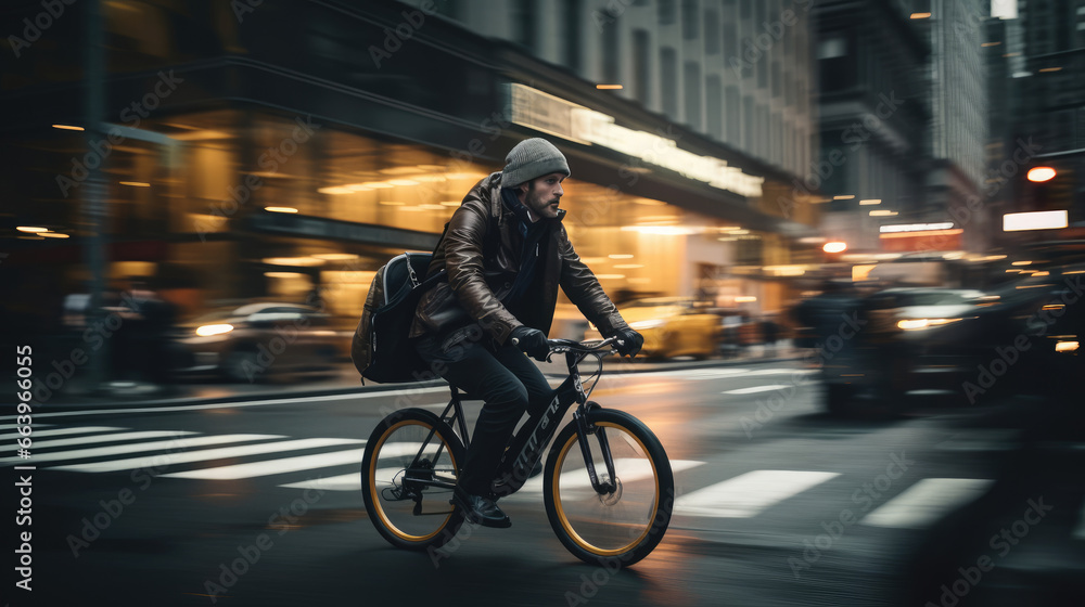Urban cycling: a sustainable commute through a bustling cityscape Urban cycling: a sustainable commute through a bustling cityscape